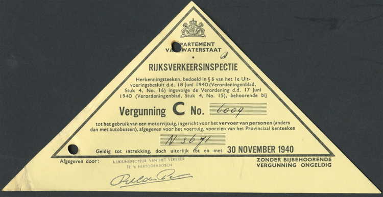 Vergunning van de Rijksverkeersinspectie, gelding tot 30-11-1940.  
