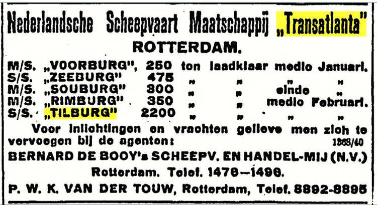 Advertentie van Rotterdamse rederij Transatlanta met vermelding van de vloot van vijf ‘burg-schepen’.