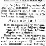 Advertentie van september 1900 voor de bouw van de ververij nog op naam van de vader van Gerard Bogaers